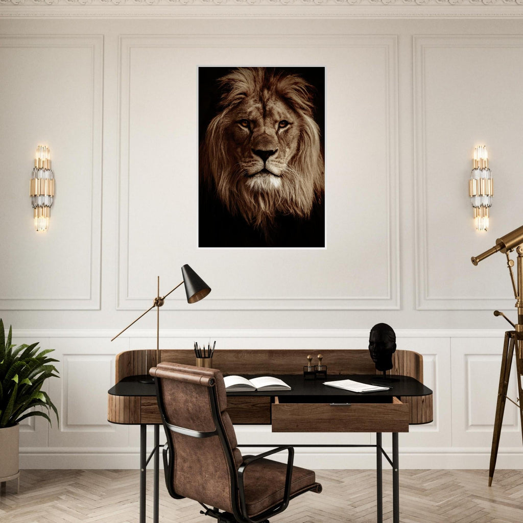 Lion Portrait Poster: Matte Paper, Pine Wood Frame