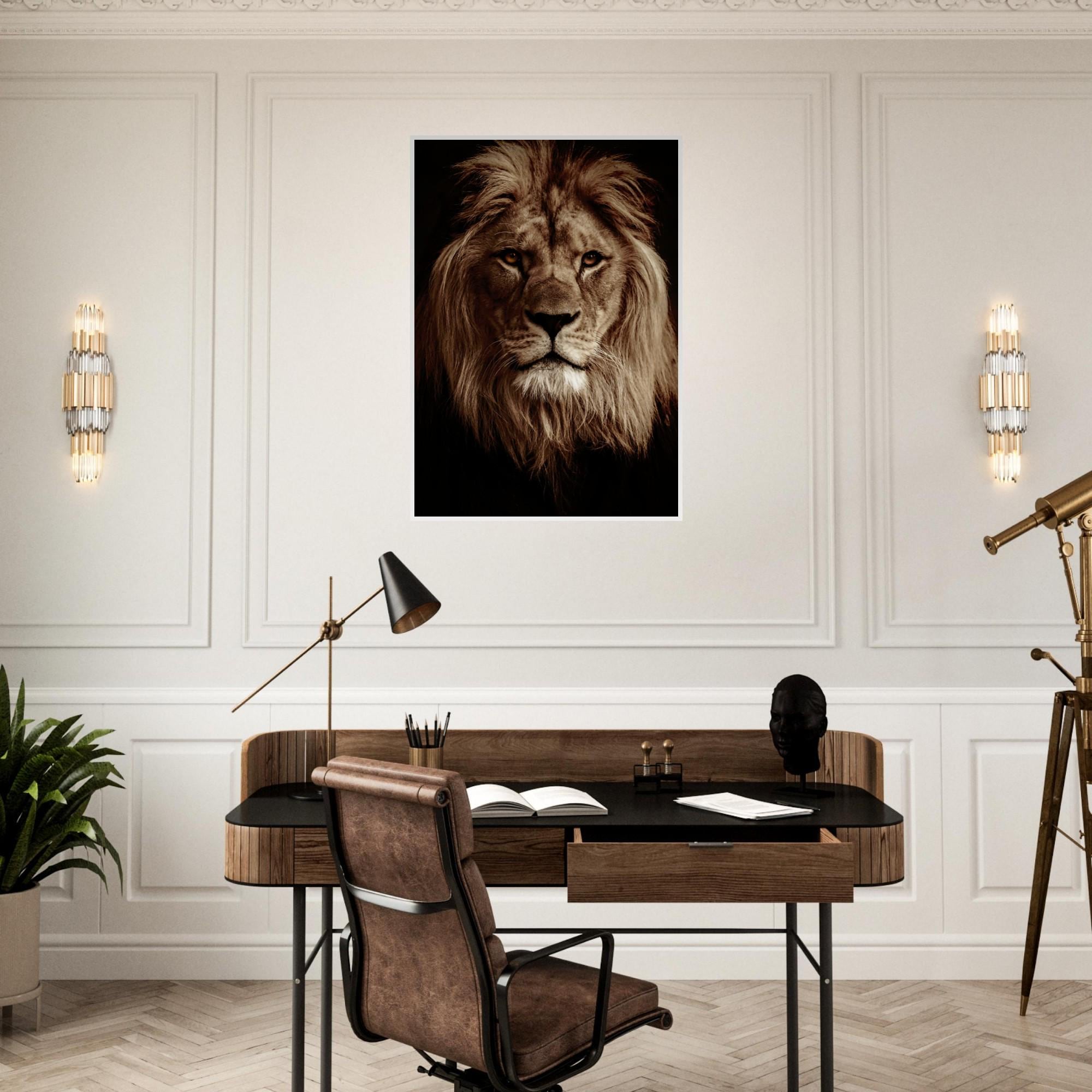 Lion Portrait Poster: Matte Paper, Pine Wood Frame