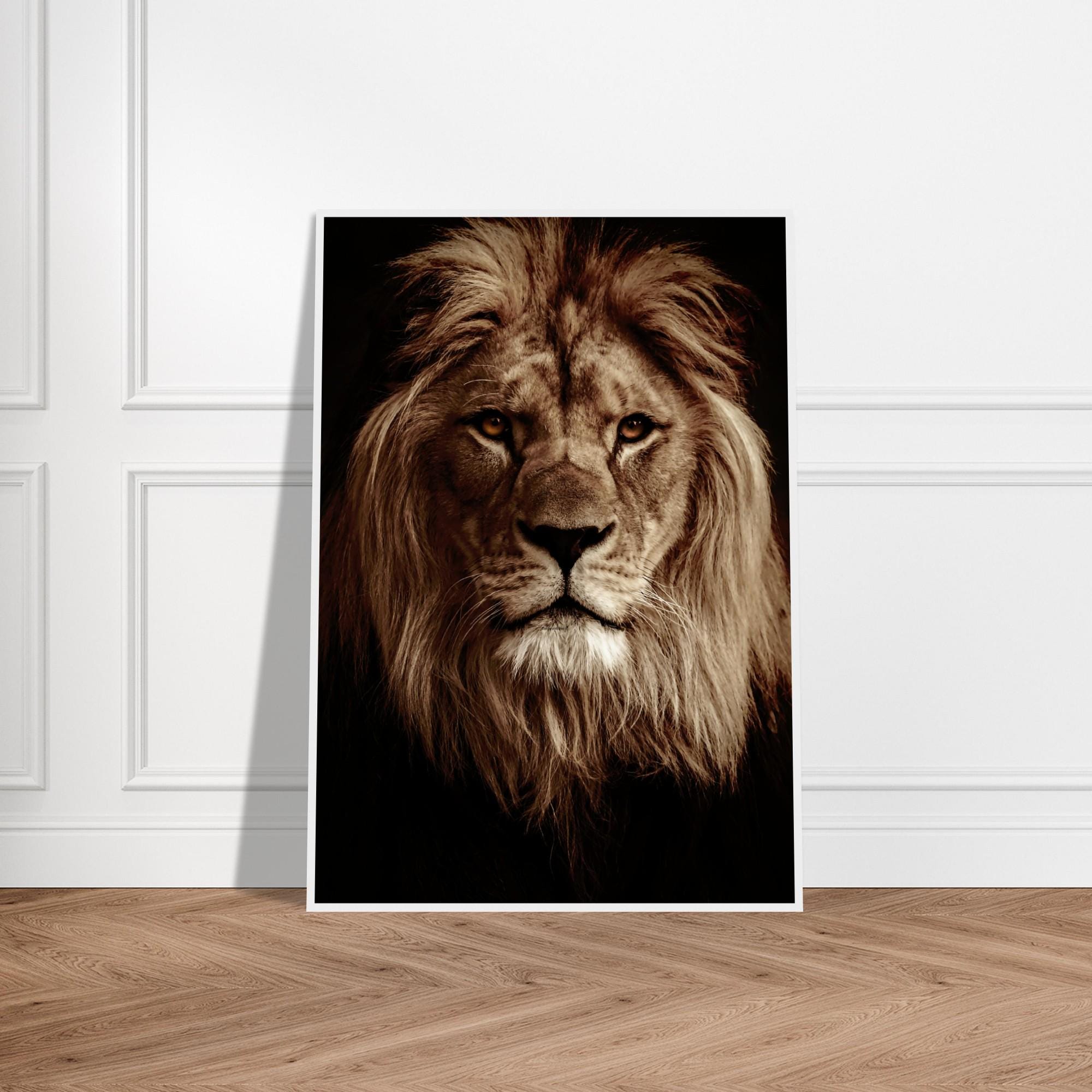 Lion Portrait Poster: Matte Paper, Pine Wood Frame