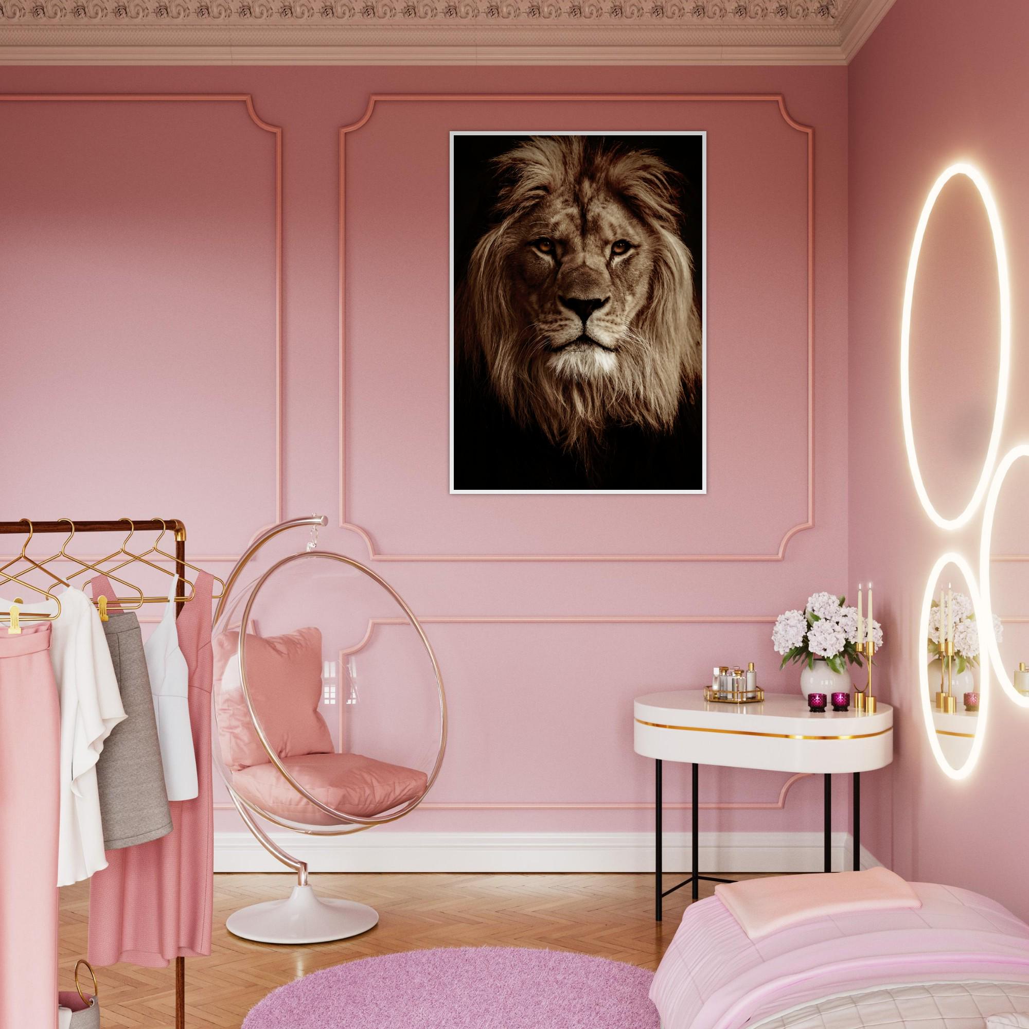 Lion Portrait Poster: Matte Paper, Pine Wood Frame