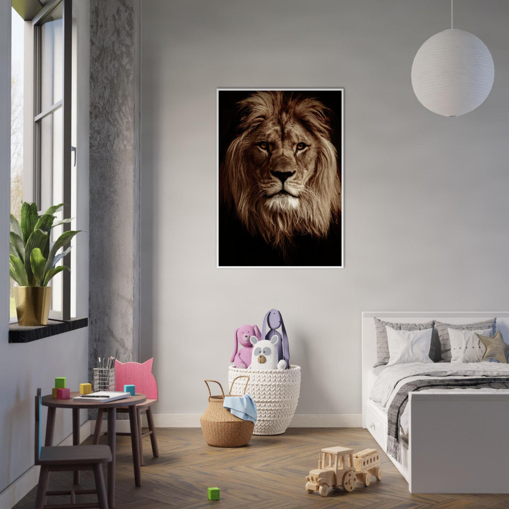 Lion Portrait Poster: Matte Paper, Pine Wood Frame