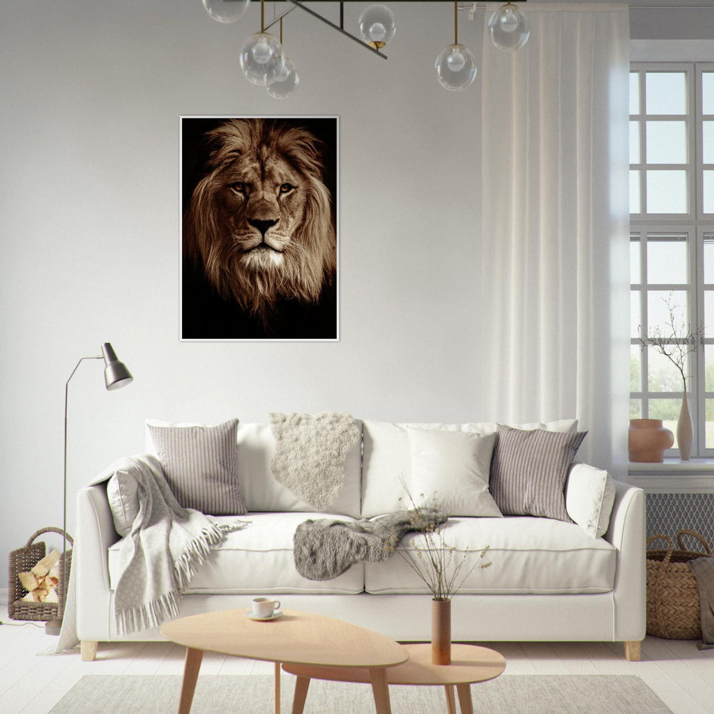 Lion Portrait Poster: Matte Paper, Pine Wood Frame