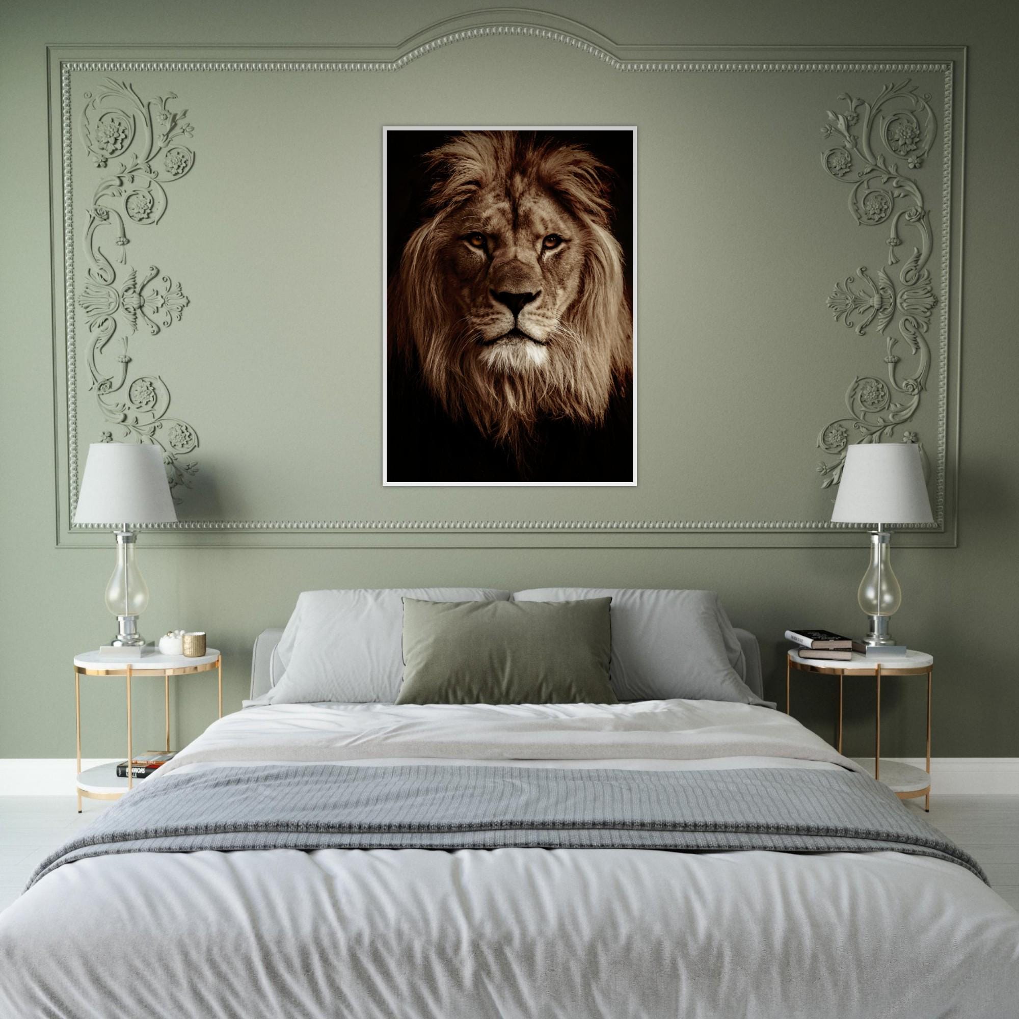 Lion Portrait Poster: Matte Paper, Pine Wood Frame