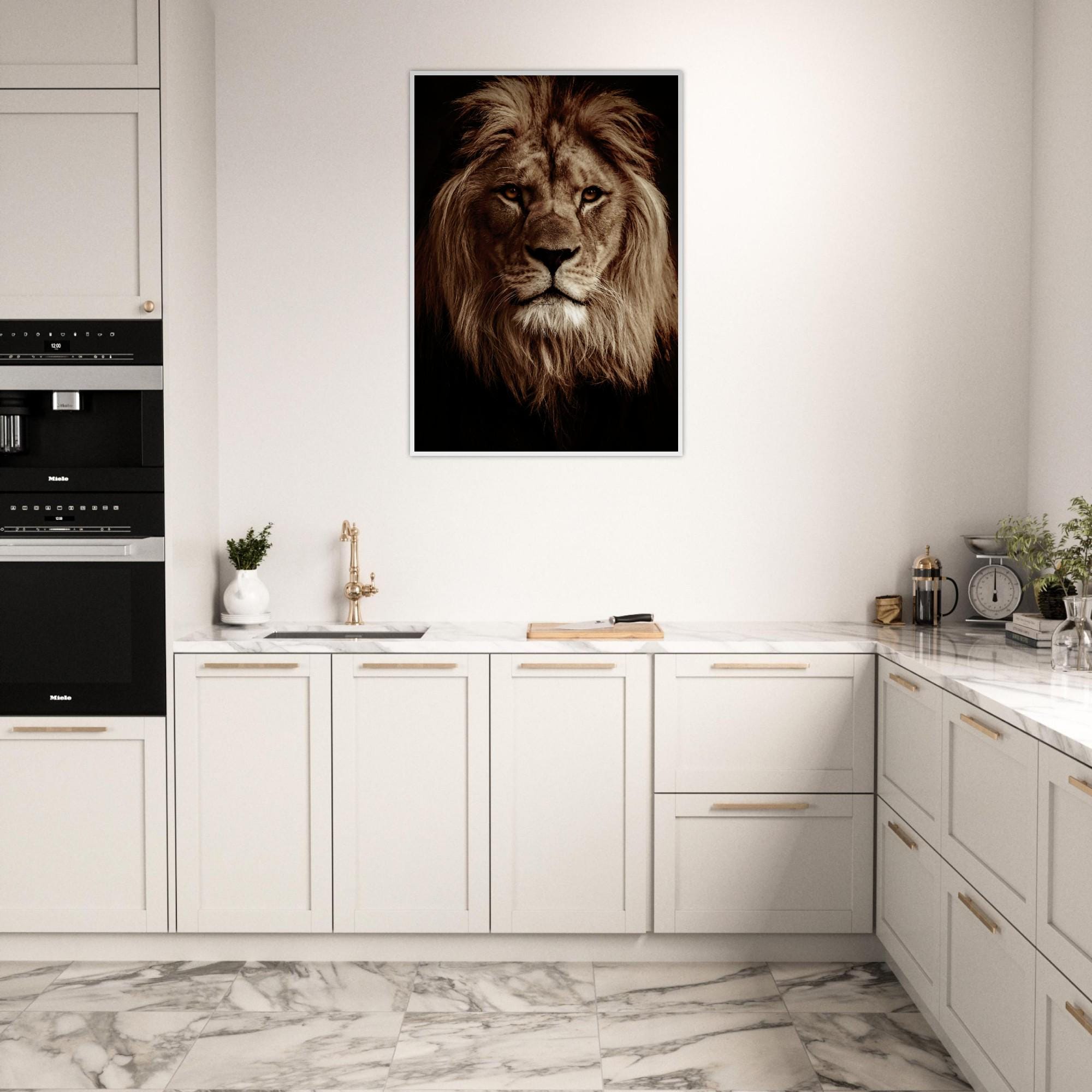 Lion Portrait Poster: Matte Paper, Pine Wood Frame
